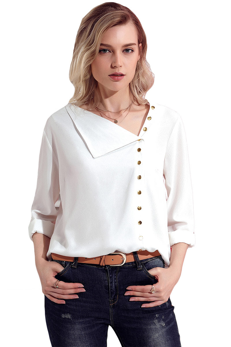 Slant Collar Asymmetrical Buttoned Chiffon Blouse - Fashionpara