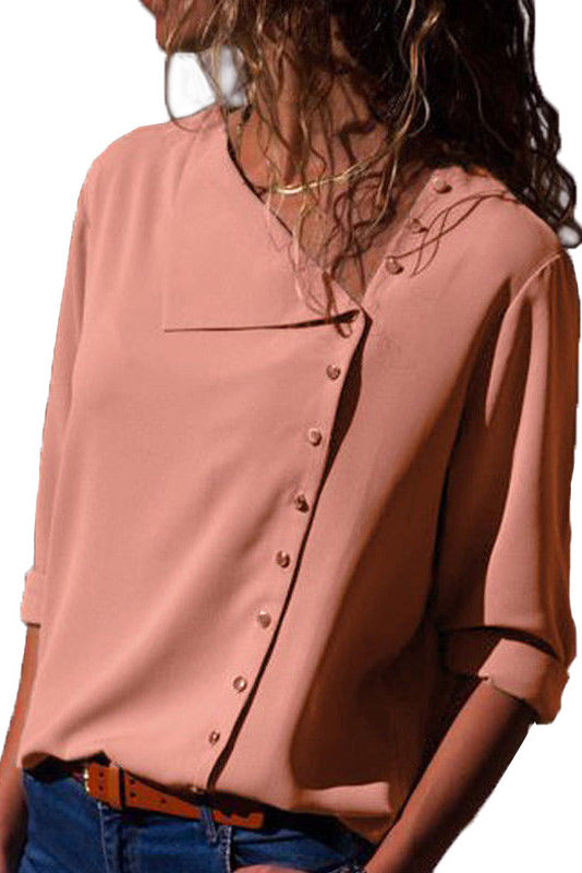 Slant Collar Asymmetrical Buttoned Chiffon Blouse - Fashionpara