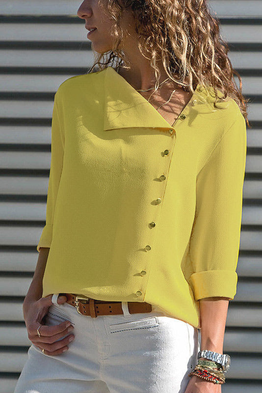 Slant Collar Asymmetrical Buttoned Chiffon Blouse - Fashionpara