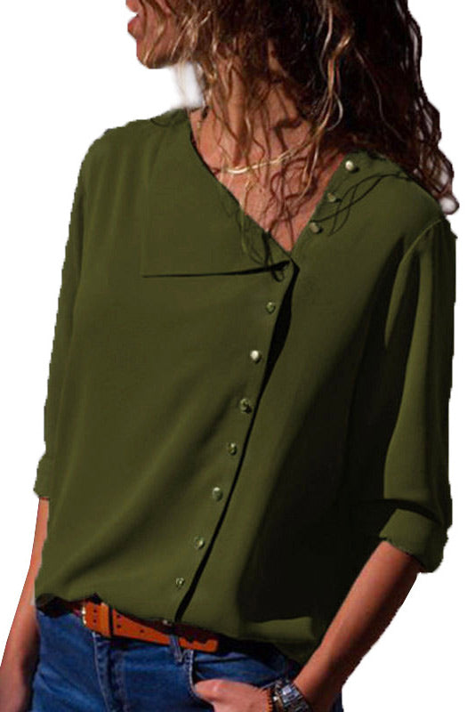 Slant Collar Asymmetrical Buttoned Chiffon Blouse - Fashionpara