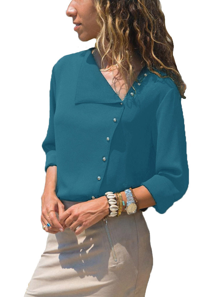 Slant Collar Asymmetrical Buttoned Chiffon Blouse - Fashionpara