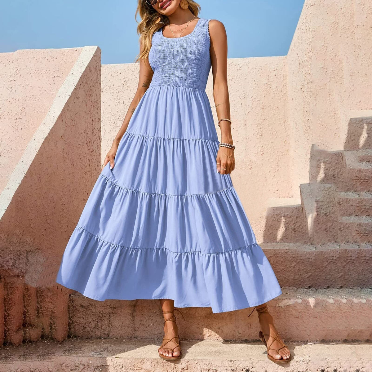 Smocked Round-Neck Sleeveless Tiered A-Line Maxi Dress