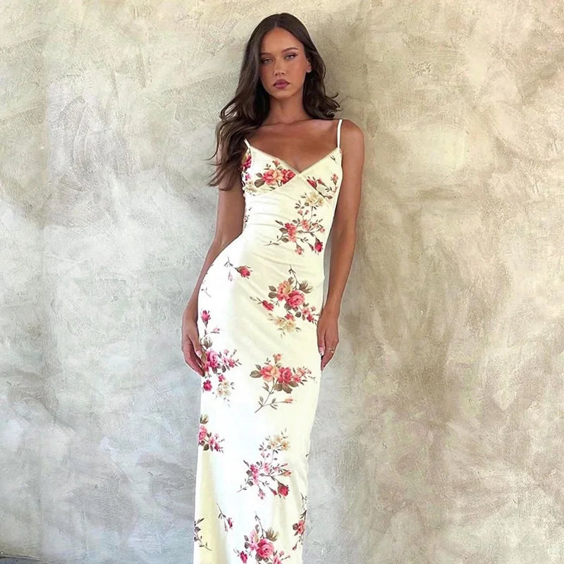 Floral V-neck Slim Maxi Floral Dress