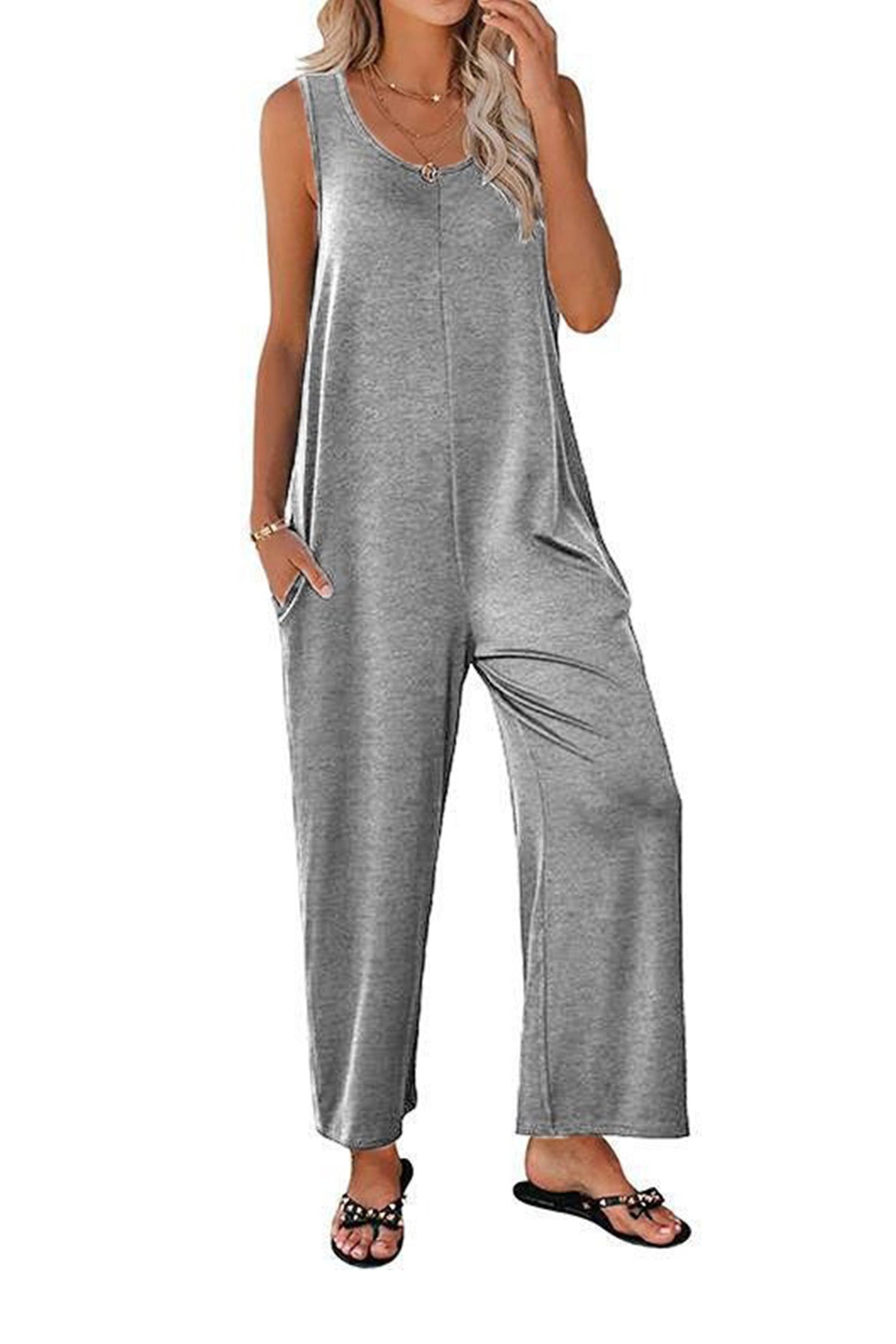 Sleeveless Pocketed Wide Leg Jumpsuits - Fashionpara