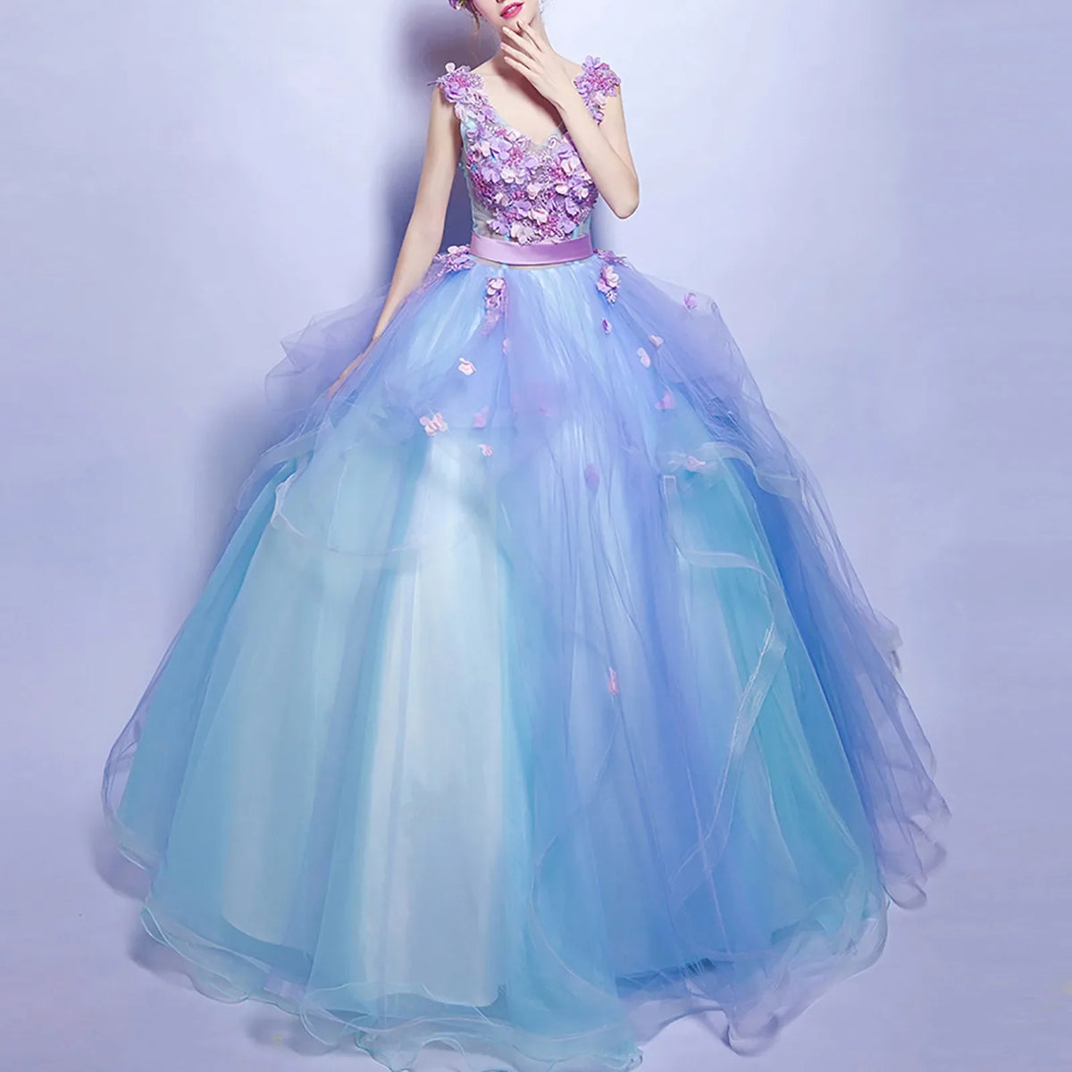 Floral Appliqué V-Neck Sleeveless Tulle Ball Gown