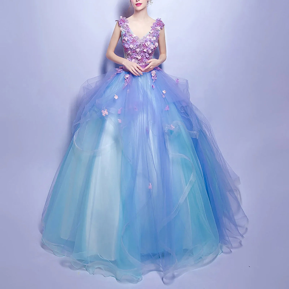 Floral Appliqué V-Neck Sleeveless Tulle Ball Gown 2