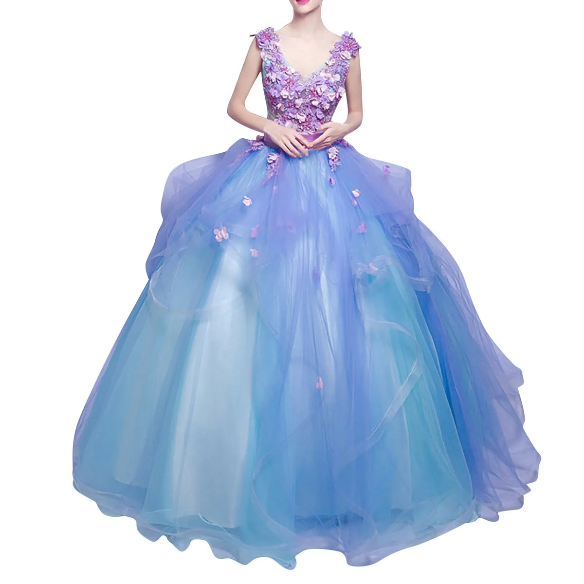 Floral Appliqué V-Neck Sleeveless Tulle Ball Gown 7
