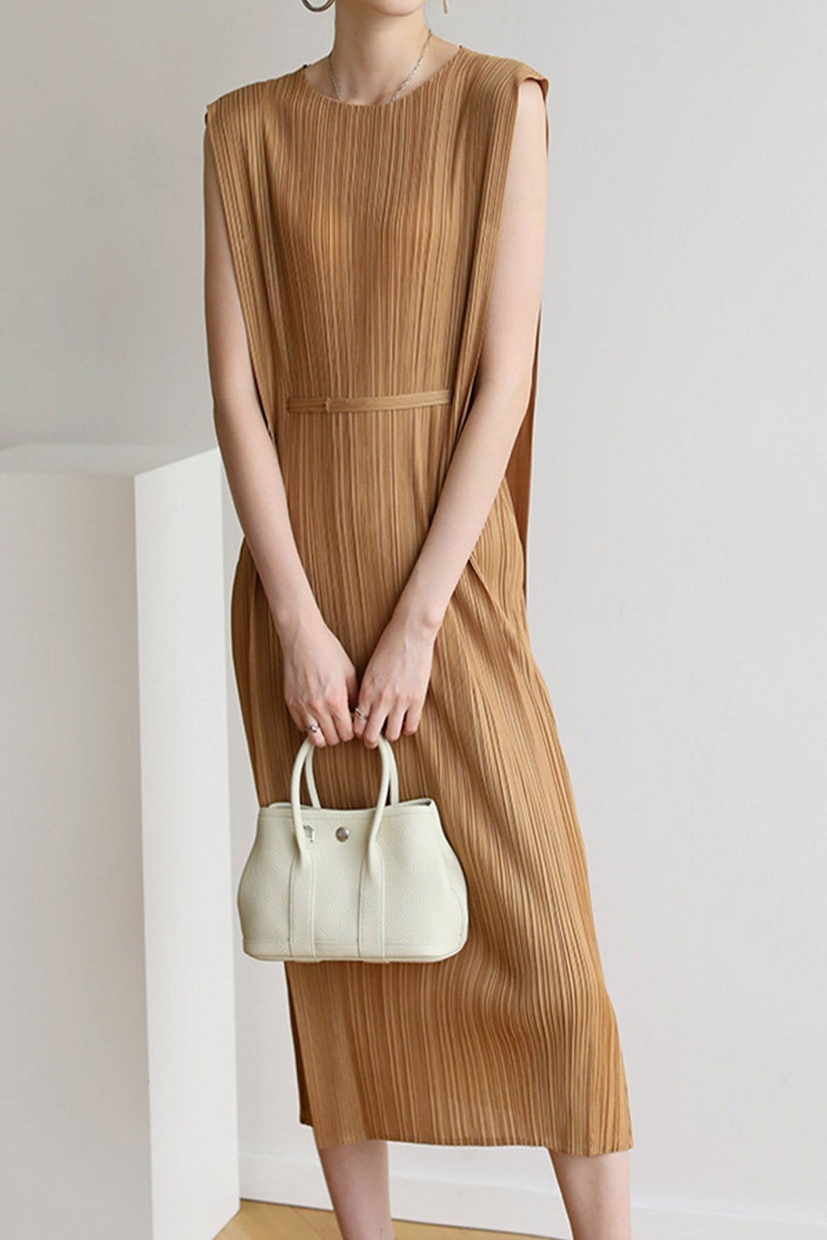 Pleated Crew-Neck Sleeveless Column Midi Dress 5