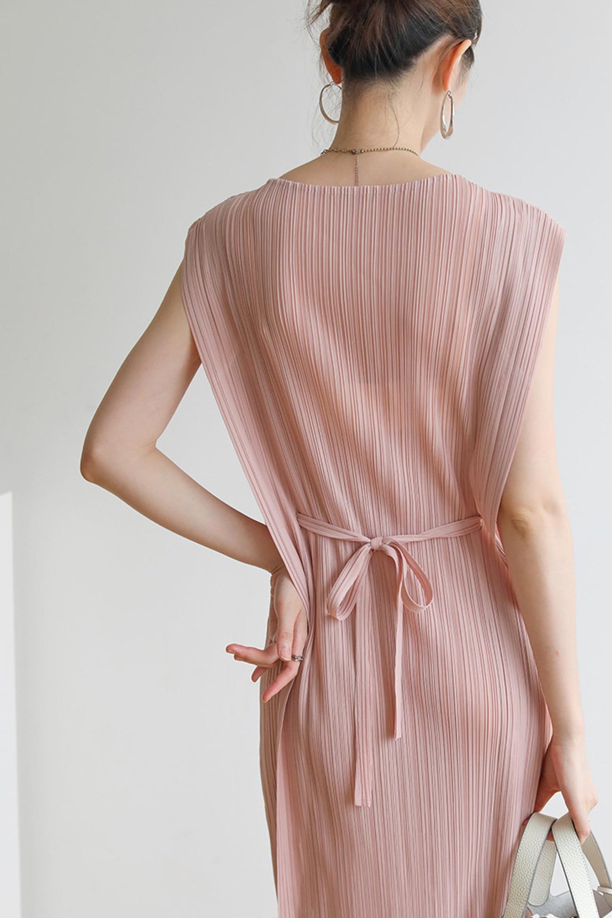 Pleated Sleeveless Side-Slit Column Midi Dress