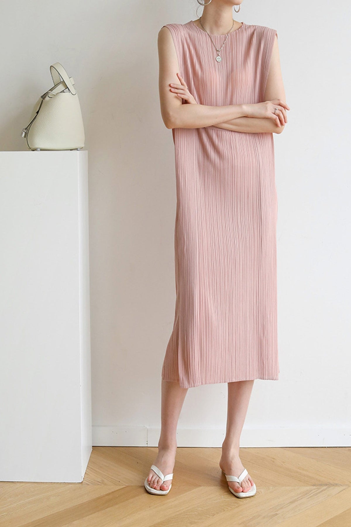 Pleated Crew-Neck Sleeveless Column Midi Dress 2