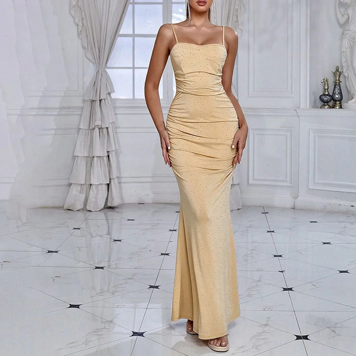 Rhinestone Spaghetti-Strap Ruched Mermaid Maxi Dress
