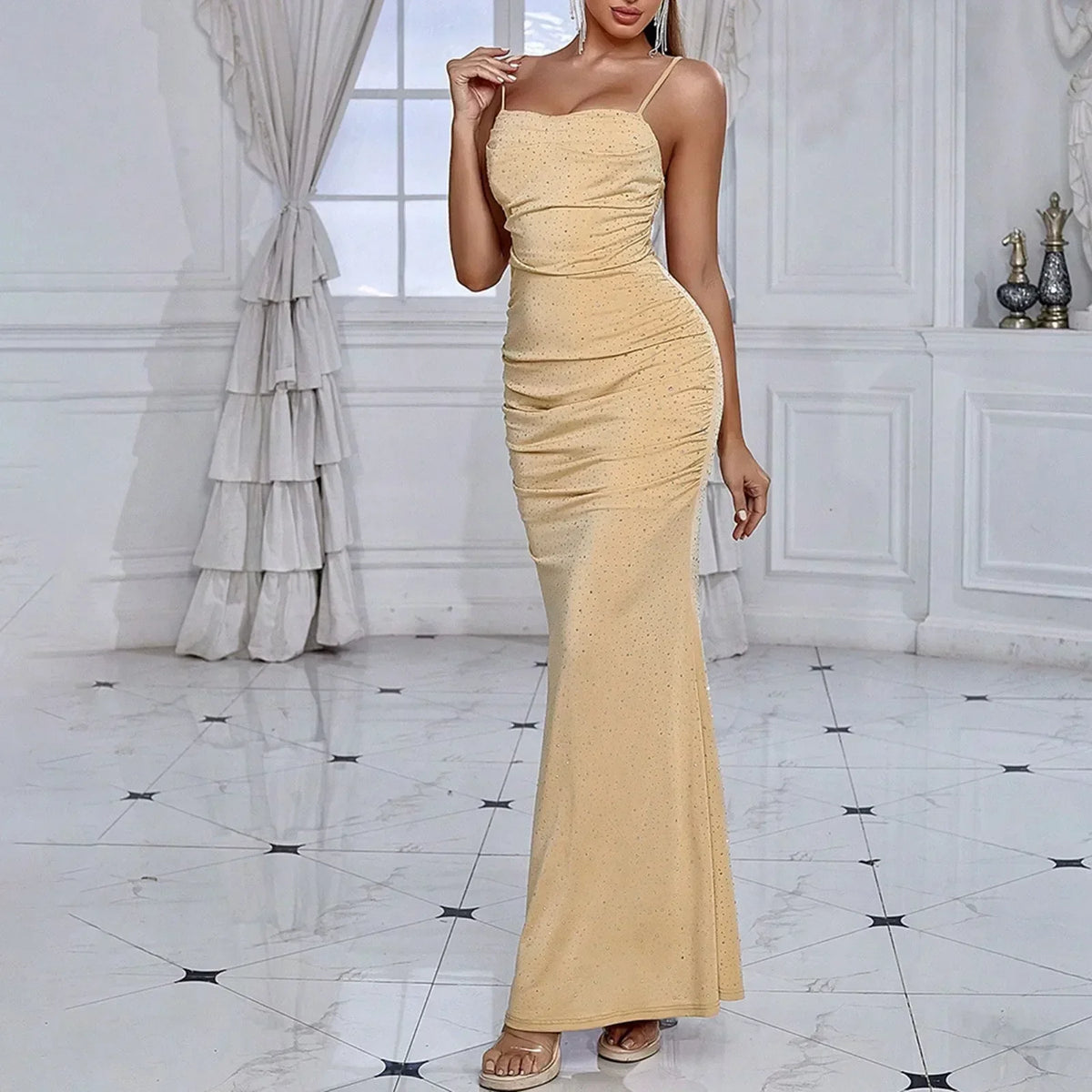 Spaghetti Strap Ruched Rhinestone Mermaid Maxi Gown