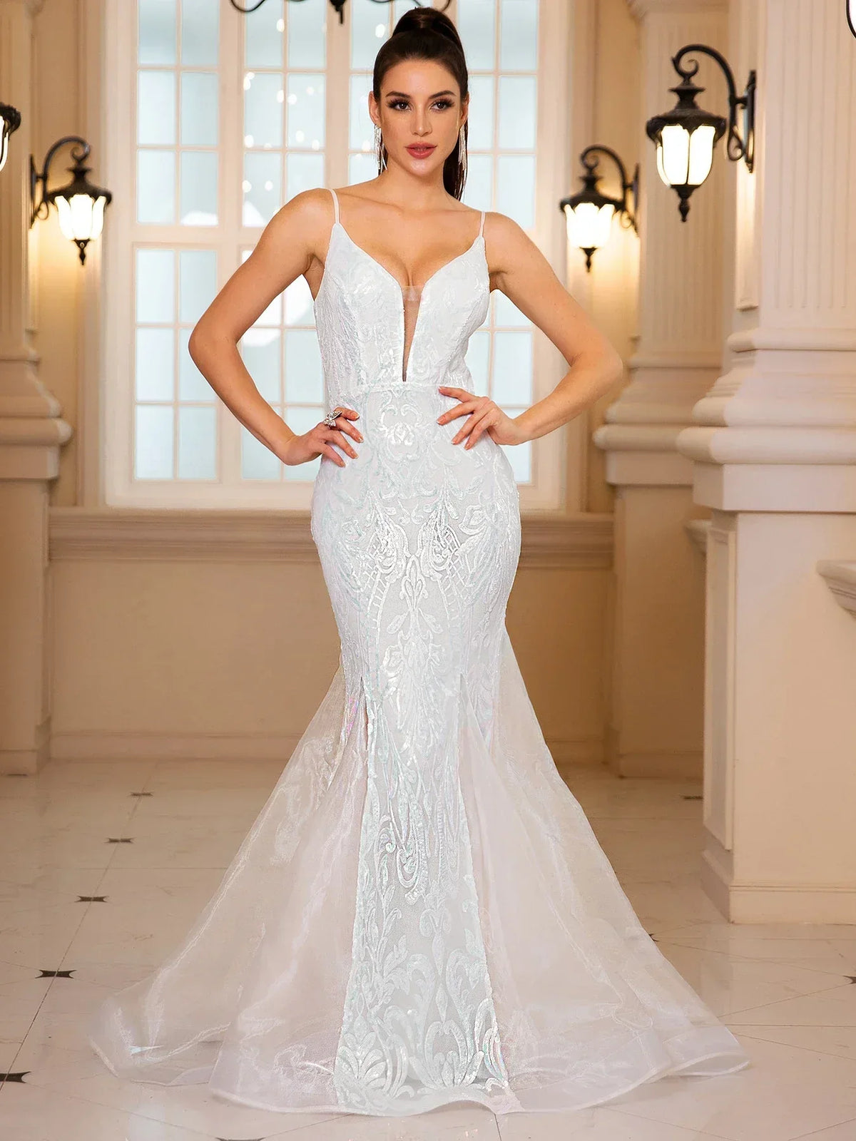 Sequin Embroidered V-Neck Strappy Mermaid Gown