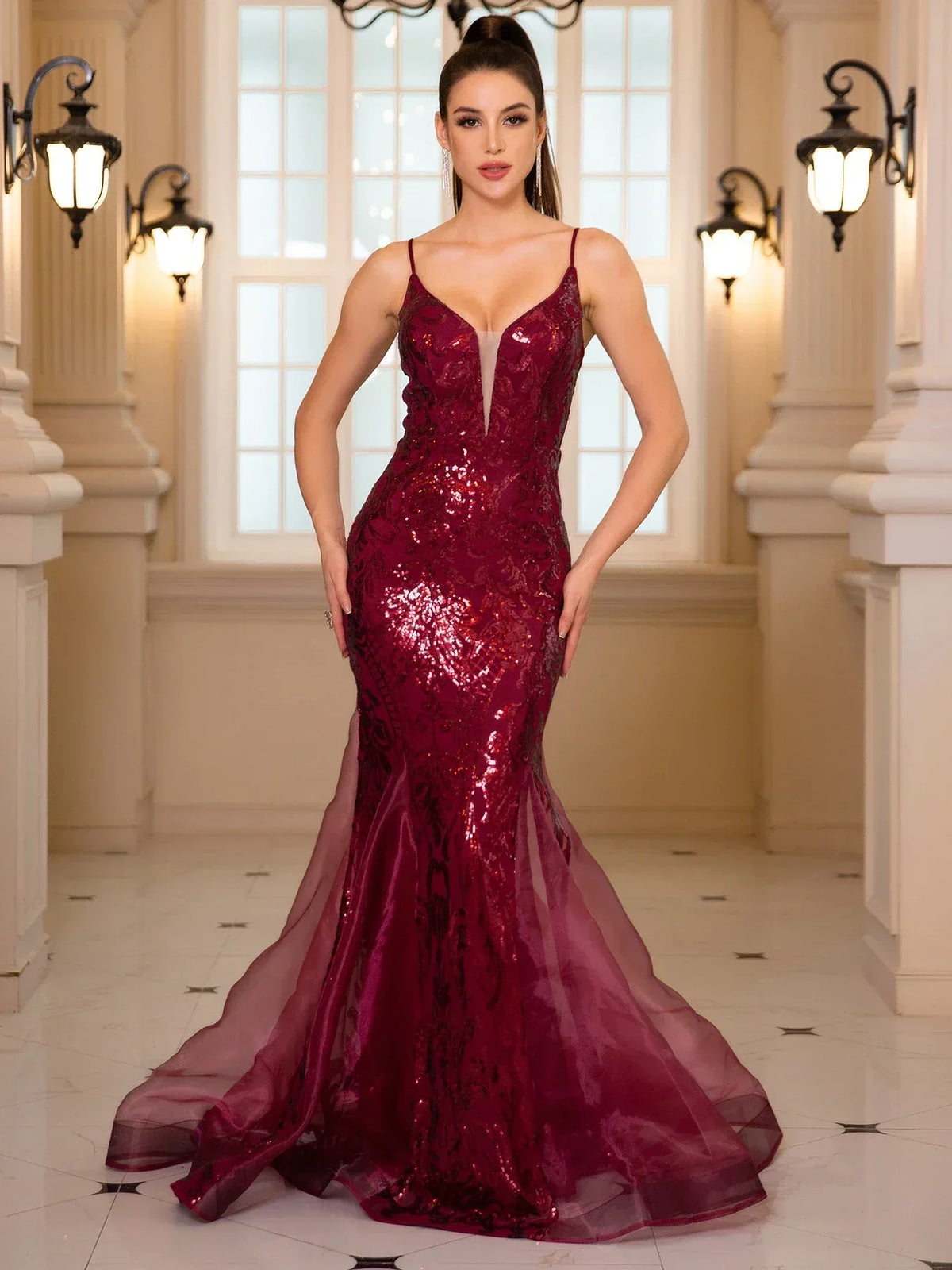 Sequin Deep V-Neck Spaghetti Strap Mermaid Gown 5