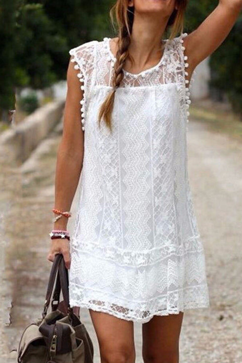 Sleeveless See-Thru Tassel Short Dress - Mislish
