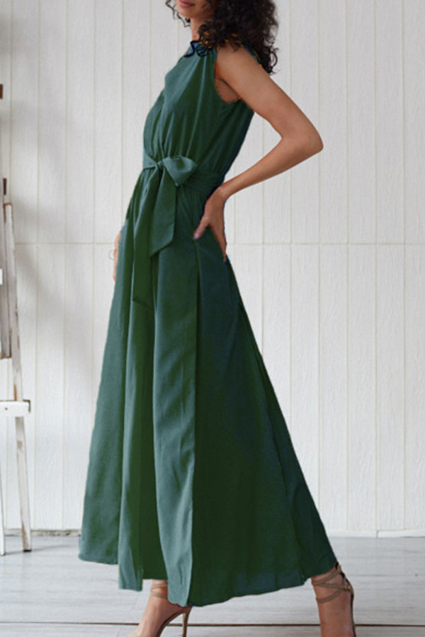 Solid V-neck Lace-up Slit Maxi Dress - Mislish
