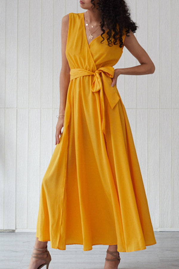 Solid V-neck Lace-up Slit Maxi Dress - Mislish