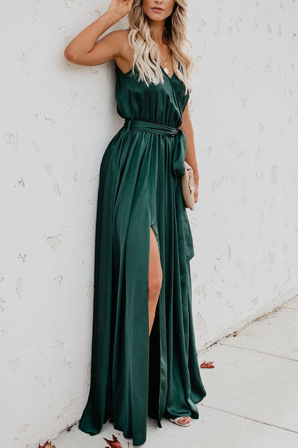 Plain Sleeveless Lace-up Slit Maxi Dress - Mislish