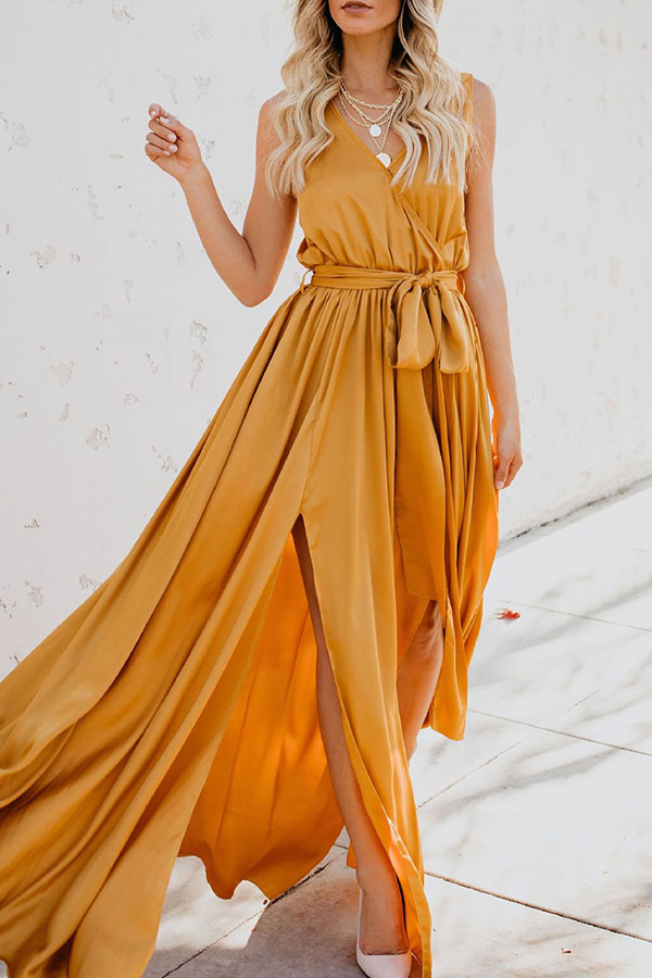 Plain Sleeveless Lace-up Slit Maxi Dress - Mislish