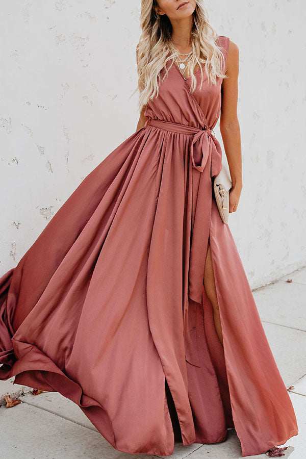 Plain Sleeveless Lace-up Slit Maxi Dress - Mislish