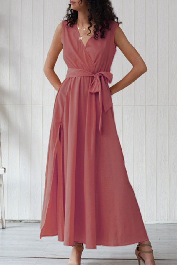 Solid V-neck Lace-up Slit Maxi Dress - Mislish