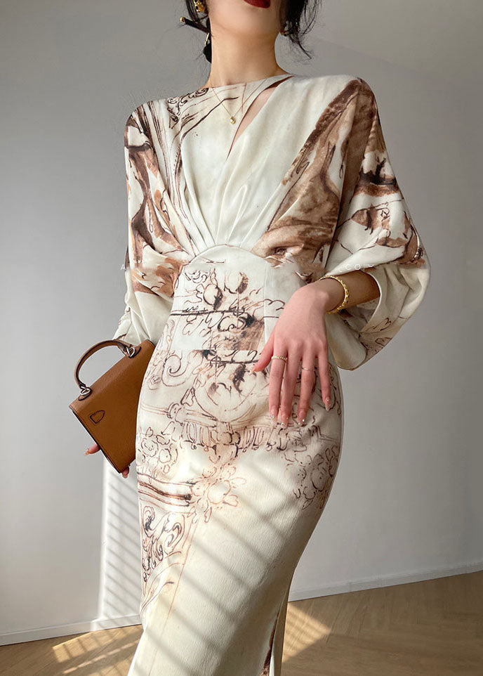 Satin Sketch Print Deep V-Neck Asymmetric Cut Out Midi Dress