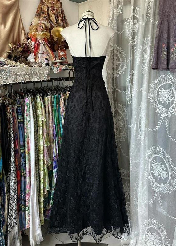 Slim Fit Black Backless Ruffled Lace Long Dress Sleeveless - View 2