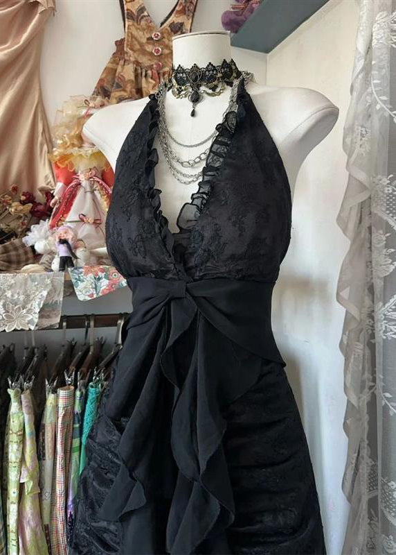 Slim Fit Black Backless Ruffled Lace Long Dress Sleeveless - View 3