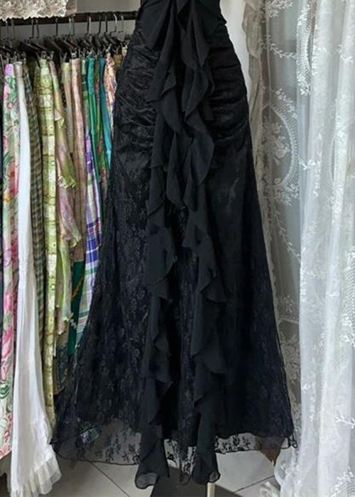 Slim Fit Black Backless Ruffled Lace Long Dress Sleeveless - View 4