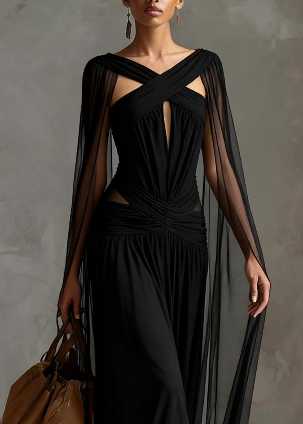 Tulle Halter Neck Cut Out Ruched Waist Sheer Cape Sleeve Party Gown - View 2