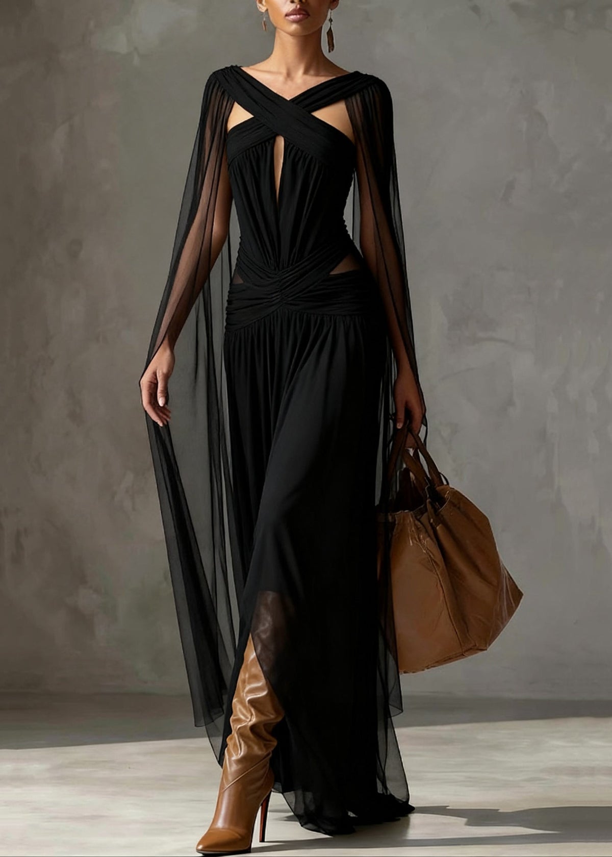 Tulle Halter Neck Cut Out Ruched Waist Sheer Cape Sleeve Party Gown - View 3