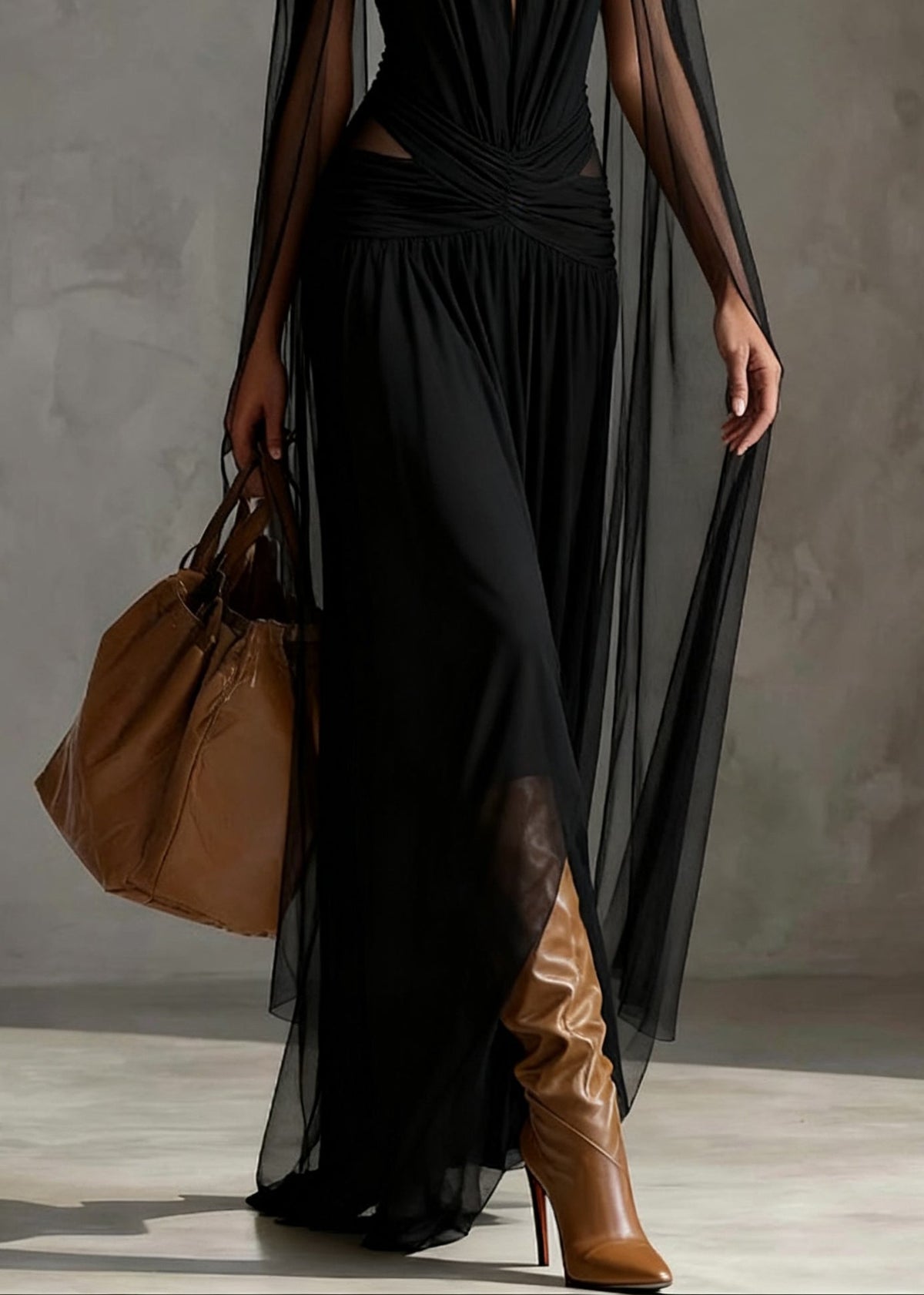 Tulle Halter Neck Cut Out Ruched Waist Sheer Cape Sleeve Party Gown - View 4