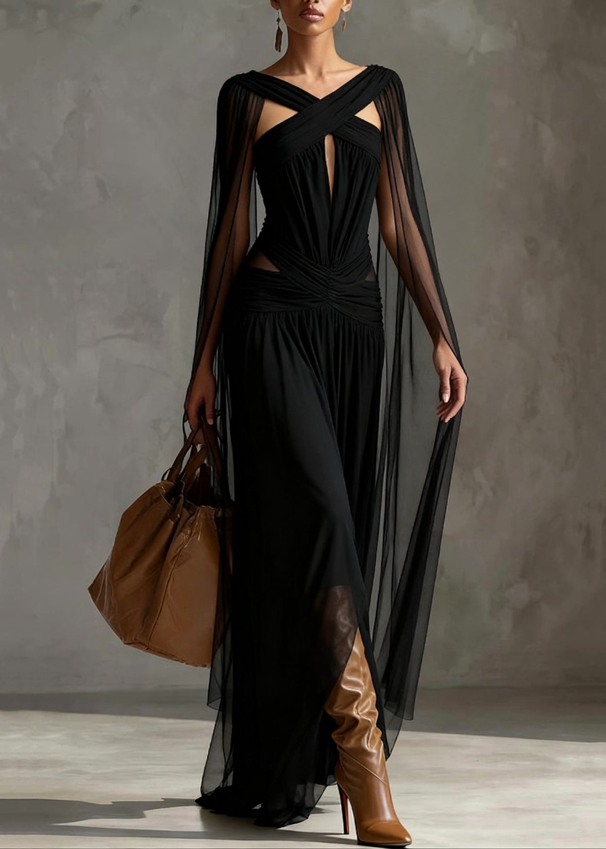 Tulle Halter Neck Cut Out Ruched Waist Sheer Cape Sleeve Party Gown - View 5