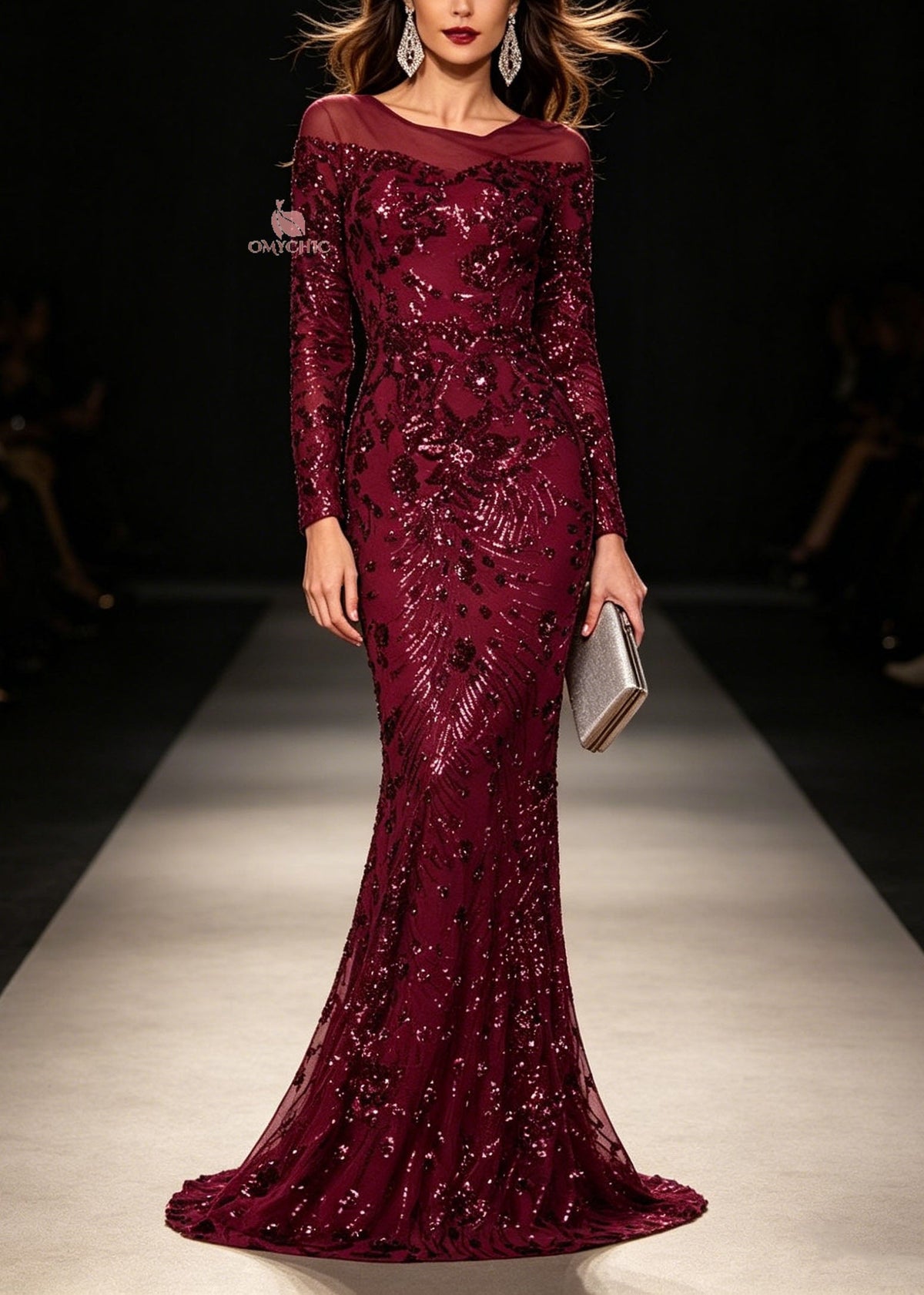 Sequin Off Shoulder Long Sleeve Bodycon Mermaid Maxi Formal Dress