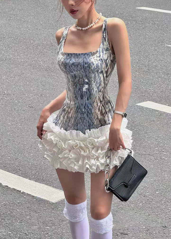 Sequin Scoop Neck Wide Strap Tiered Ruffle Mini Dress