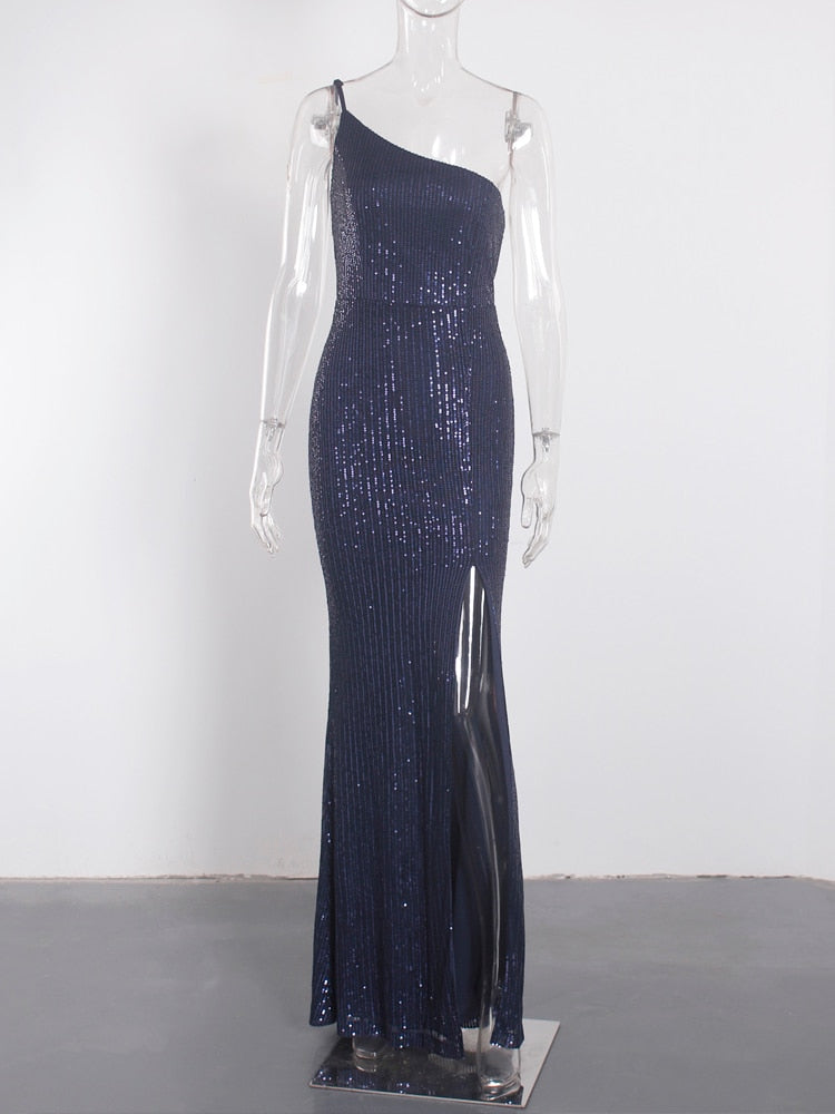 Sequin One-Shoulder High Slit Floor-Length Gown 3
