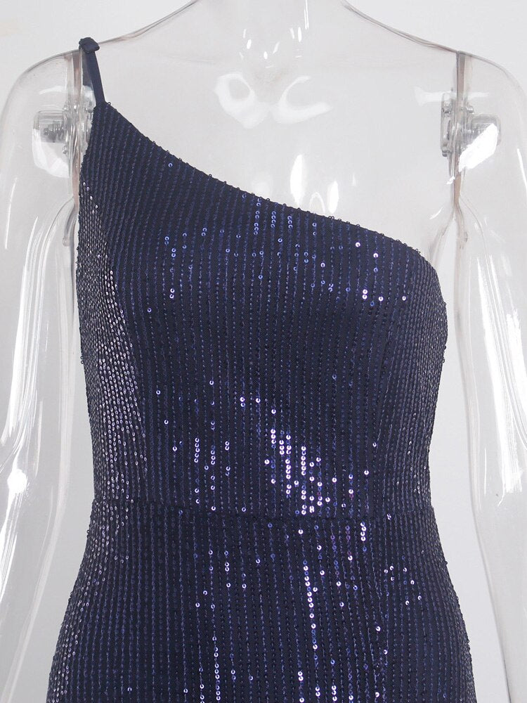Sequin One-Shoulder High Slit Floor-Length Gown 5