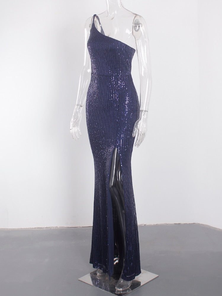 Sequin One-Shoulder High Slit Floor-Length Gown 4