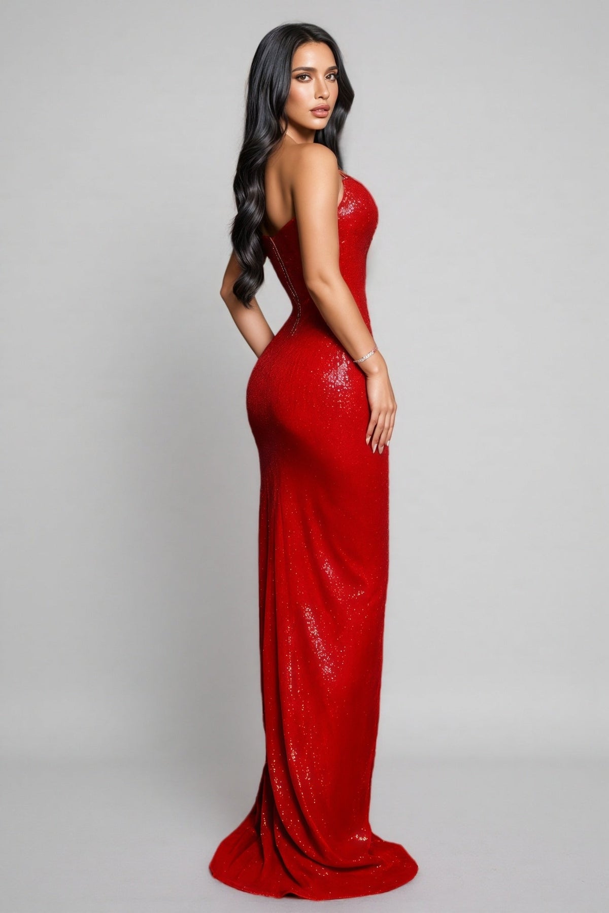 Sequin Spaghetti Strap Draped High Split Mermaid Maxi Dress - View 2