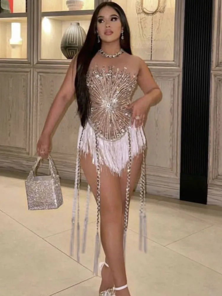 Embellished High Neck Sheer Fringe Mini Dress