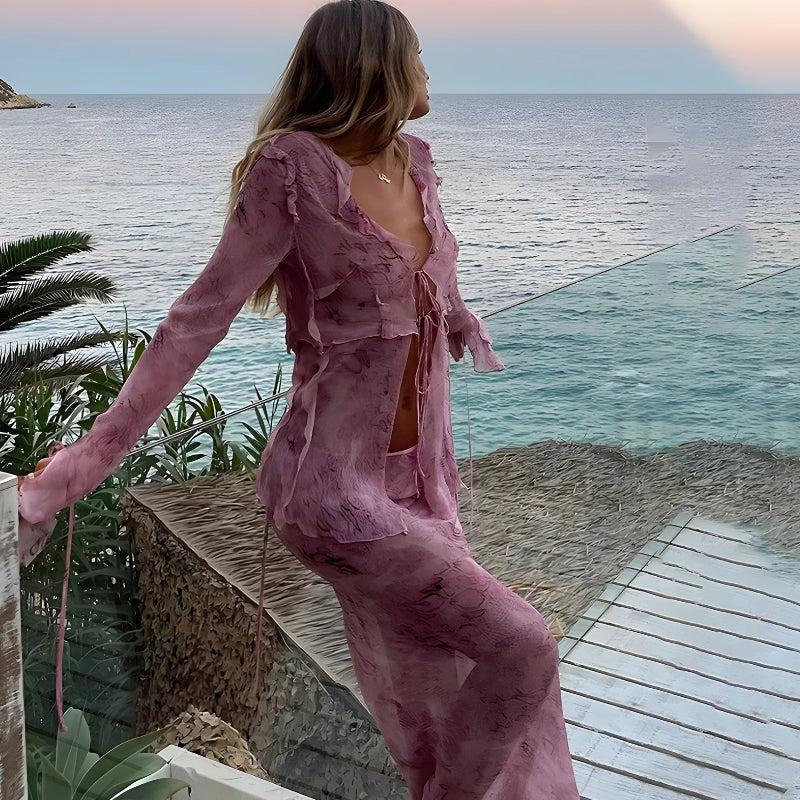 Snakeskin Blouse & Maxi Skirt Two Piece Set - Fashionpara