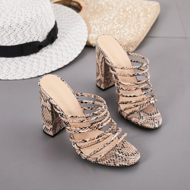 Snakeskin Print Strappy Chunky Heel Sandals