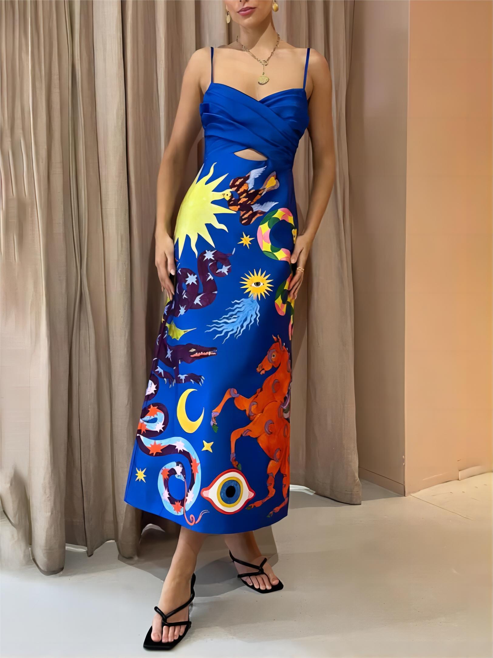 Summer Sexy Satin Backless Printed Sleeveless Midi Dress - Fashionpara