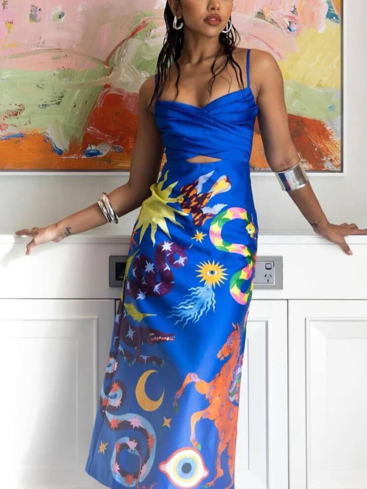 Summer Sexy Satin Backless Printed Sleeveless Midi Dress - Fashionpara