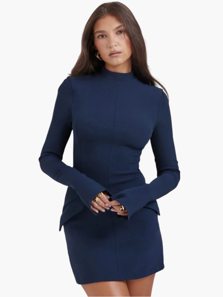 Mock Neck Long Sleeve Bell Cuff Flap Bodycon Mini Cocktail Dress - View 7