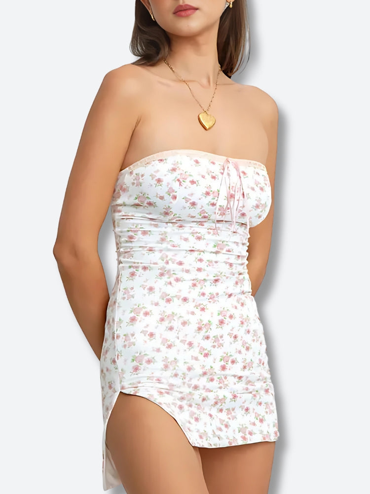 Ditsy Floral Strapless Ruched Bodycon Mini Dress