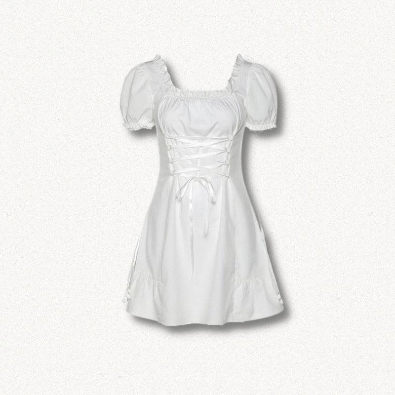 Square Neck Puff Sleeve Lace-Up Ruffle Hem Mini Dress