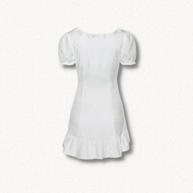 Square Neck Puff Sleeve Lace-Up Ruffle Hem Mini Dress