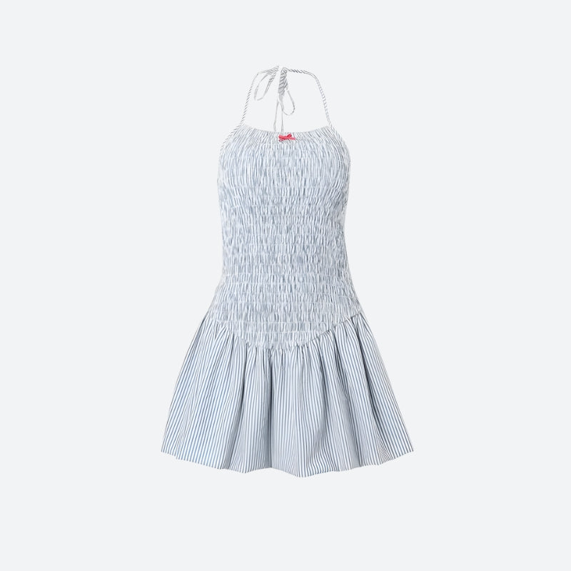Striped Halter Shirred Bow Ruffle-Hem Mini Dress 3