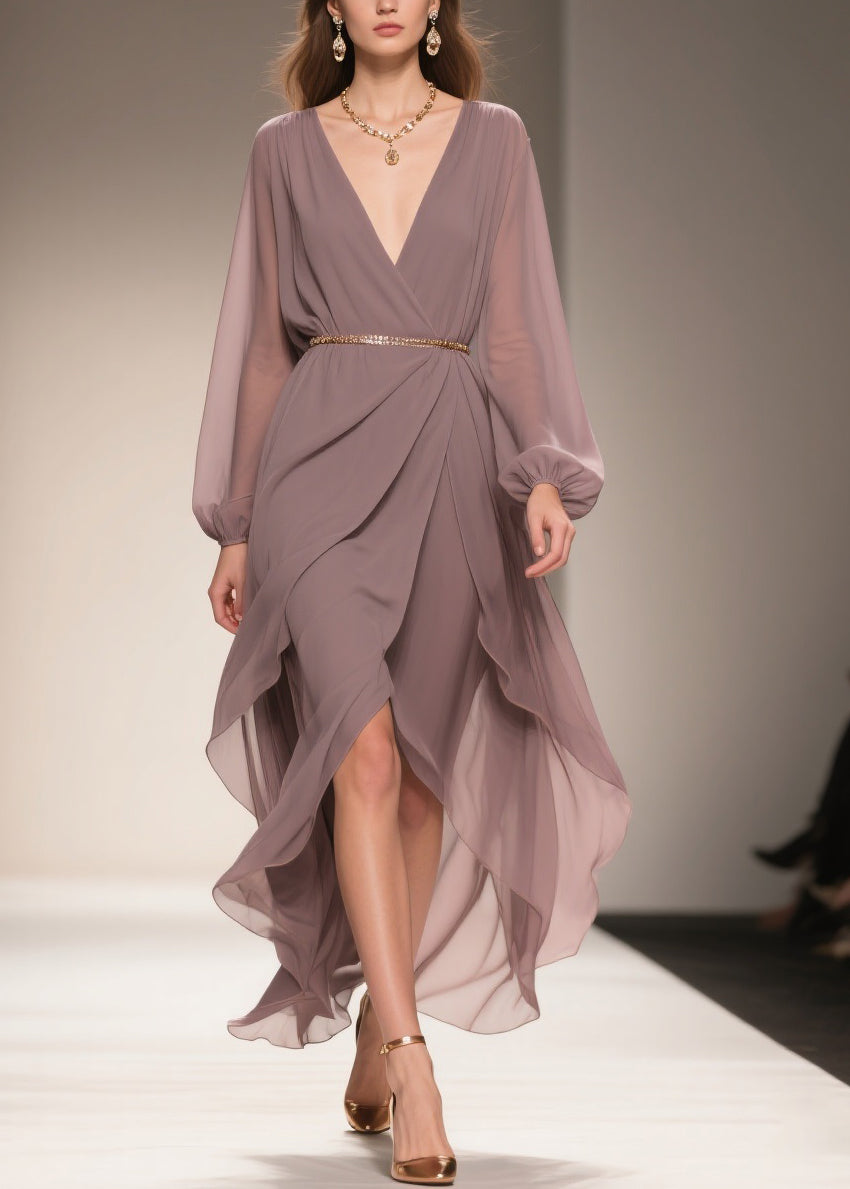 Chiffon Deep V-Neck Wrap Belted Bishop Sleeve High Low Maxi Gown